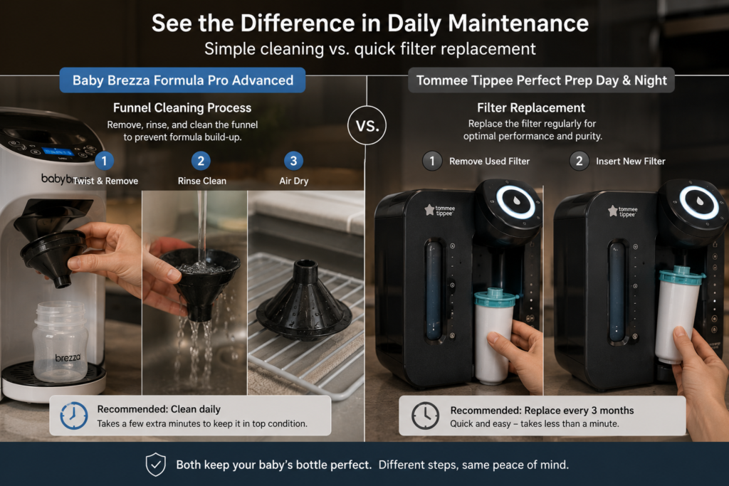 Baby Brezza funnel cleaning process vs Tommee Tippee filter replacement